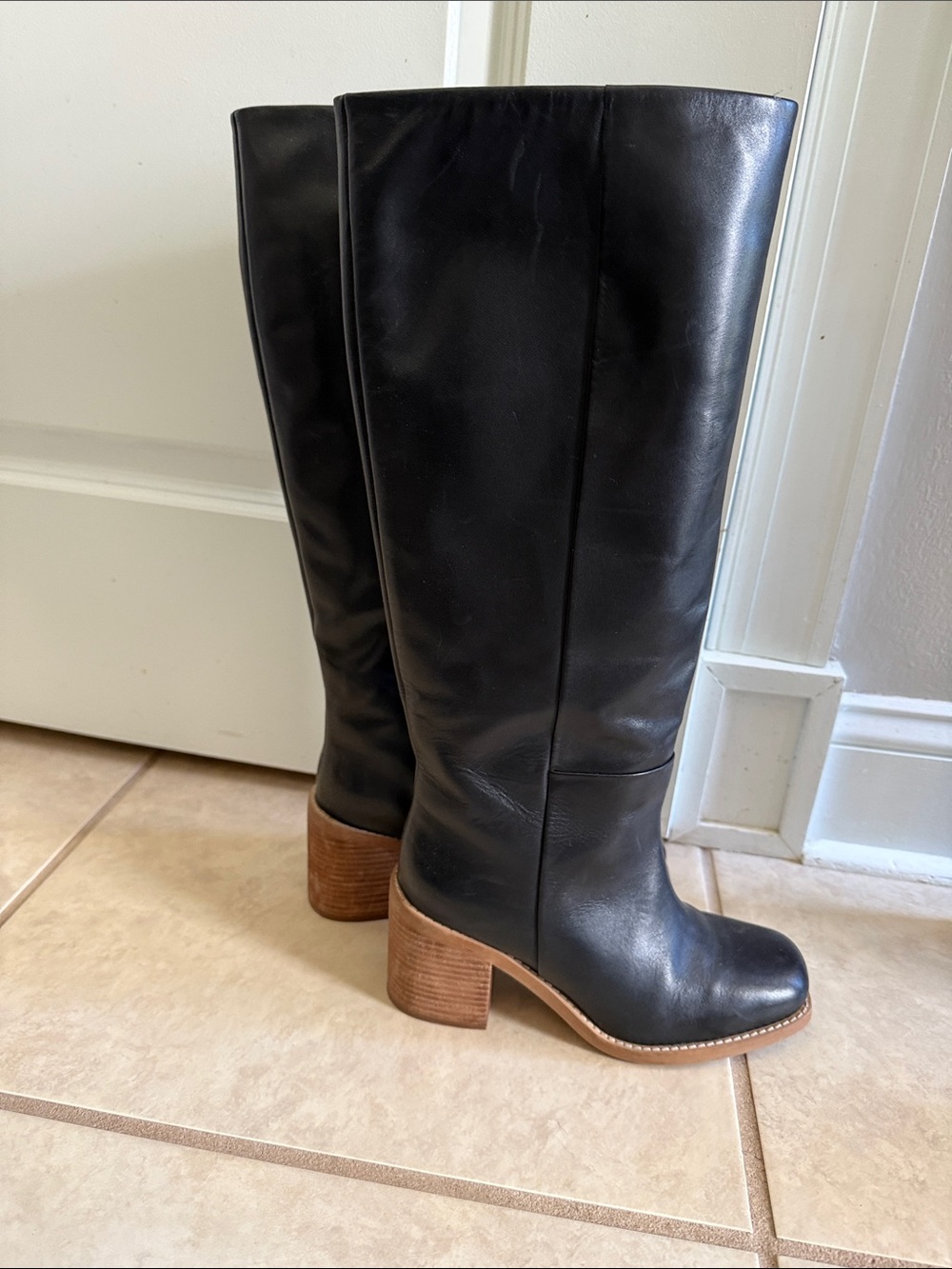 Black Leather Knee-High Block Heel Boots